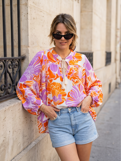 Blouse Lila - Florale Orange et Mauve