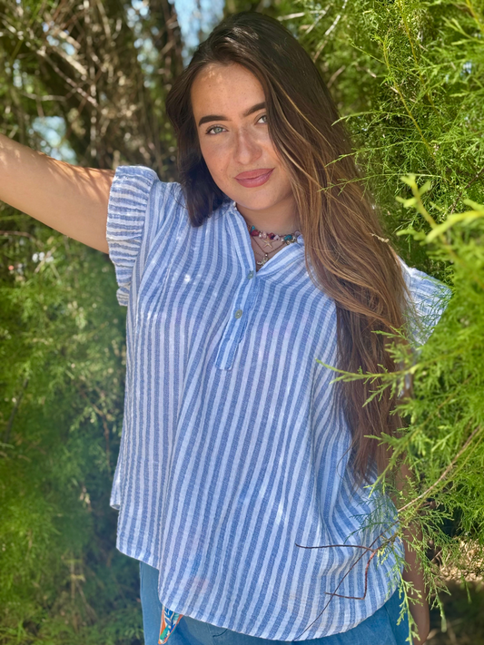 Blouse imprimée en coton bleu jean