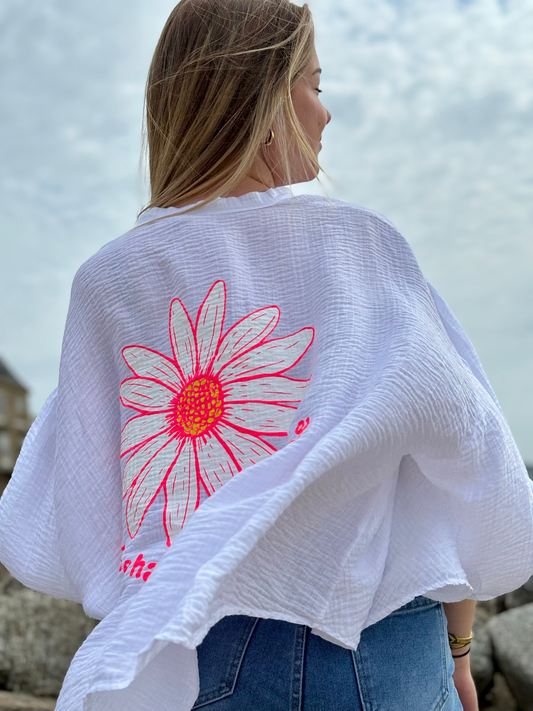 Blouse Oversize Fleurie Blanc