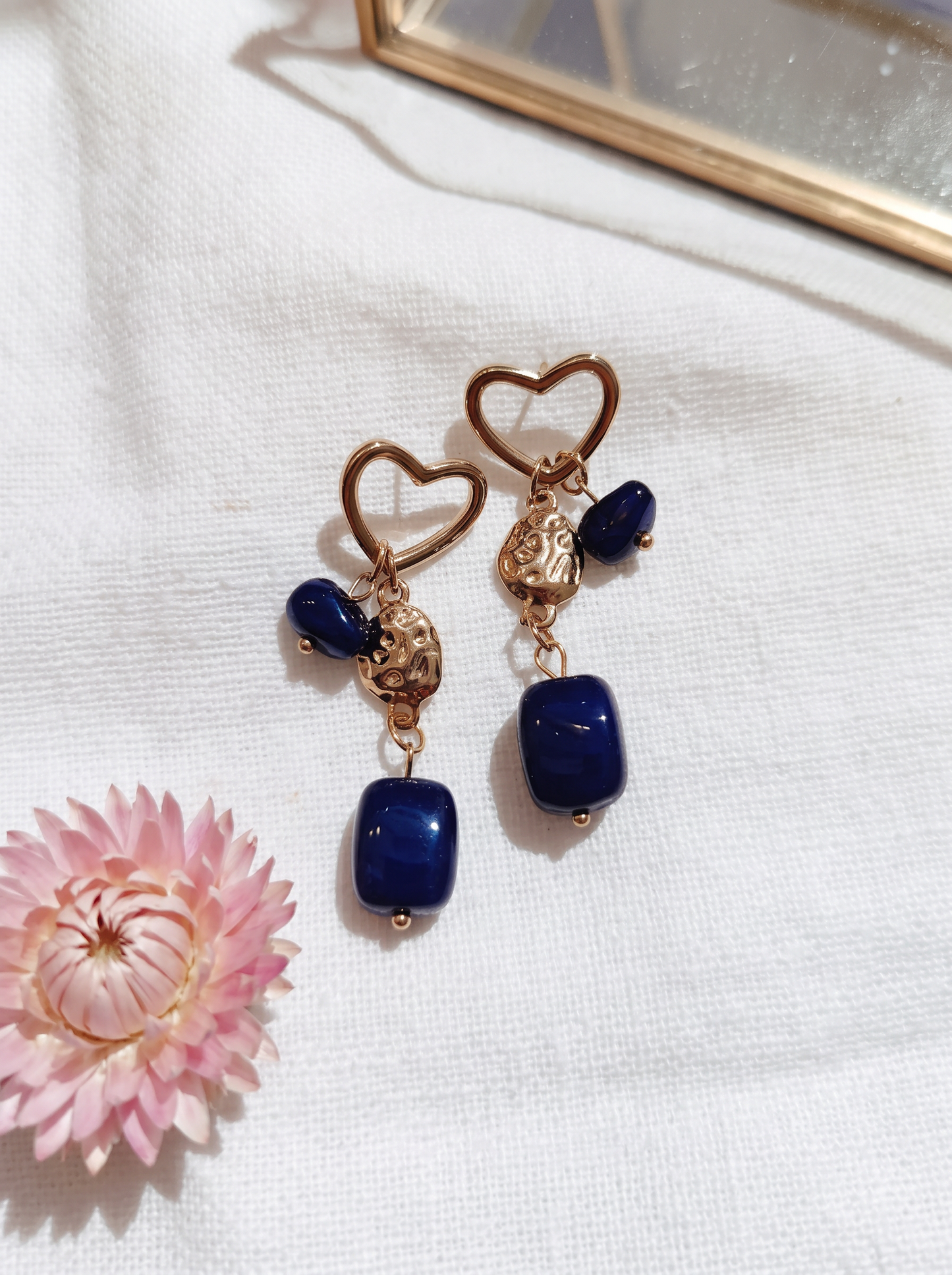 Boucle d'Oreille Grappe Cœur - Bleu Doré