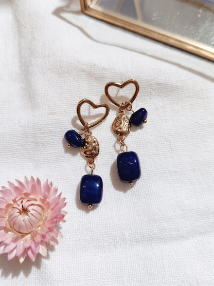 Boucle d'Oreille Grappe Cœur - Bleu Doré
