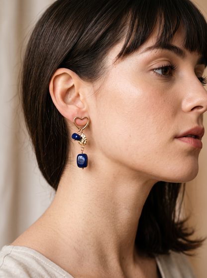Boucle d'Oreille Grappe Cœur - Bleu Doré