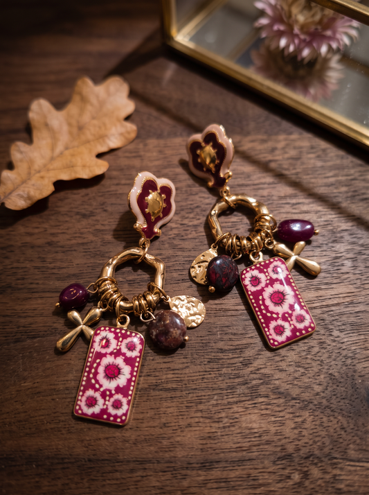 Boucles d'Oreilles Bohèmes - Bordeaux Doré