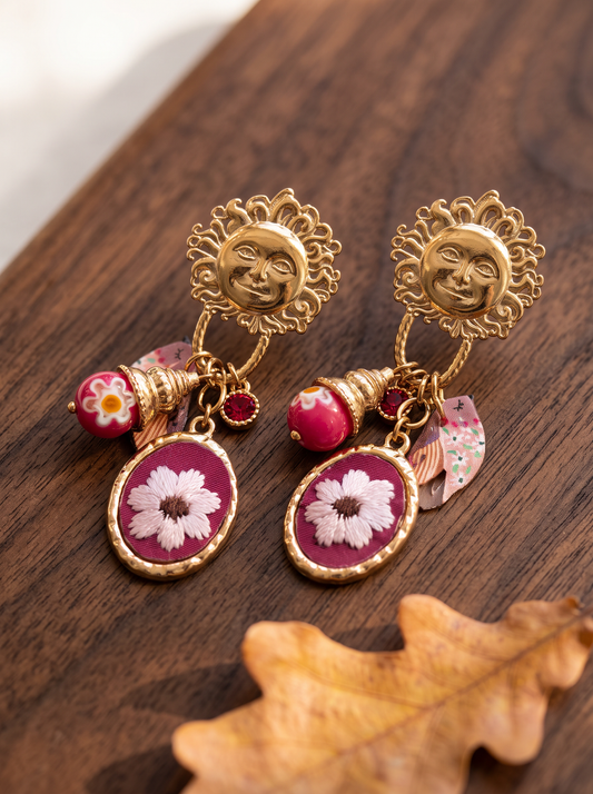 Boucles d'Oreilles Bohèmes Fleur Brodée - Fuchsia Doré