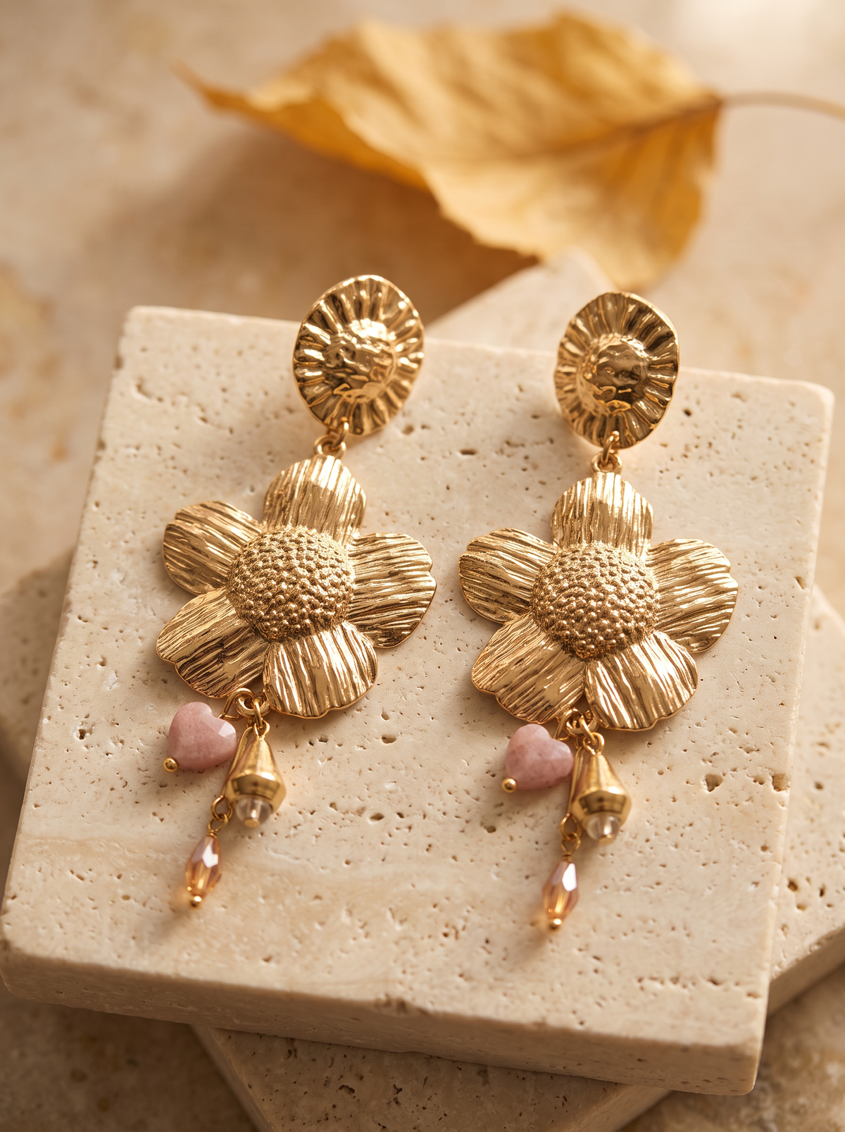 Boucles d'Oreilles Pendantes Fleur - Rose Doré