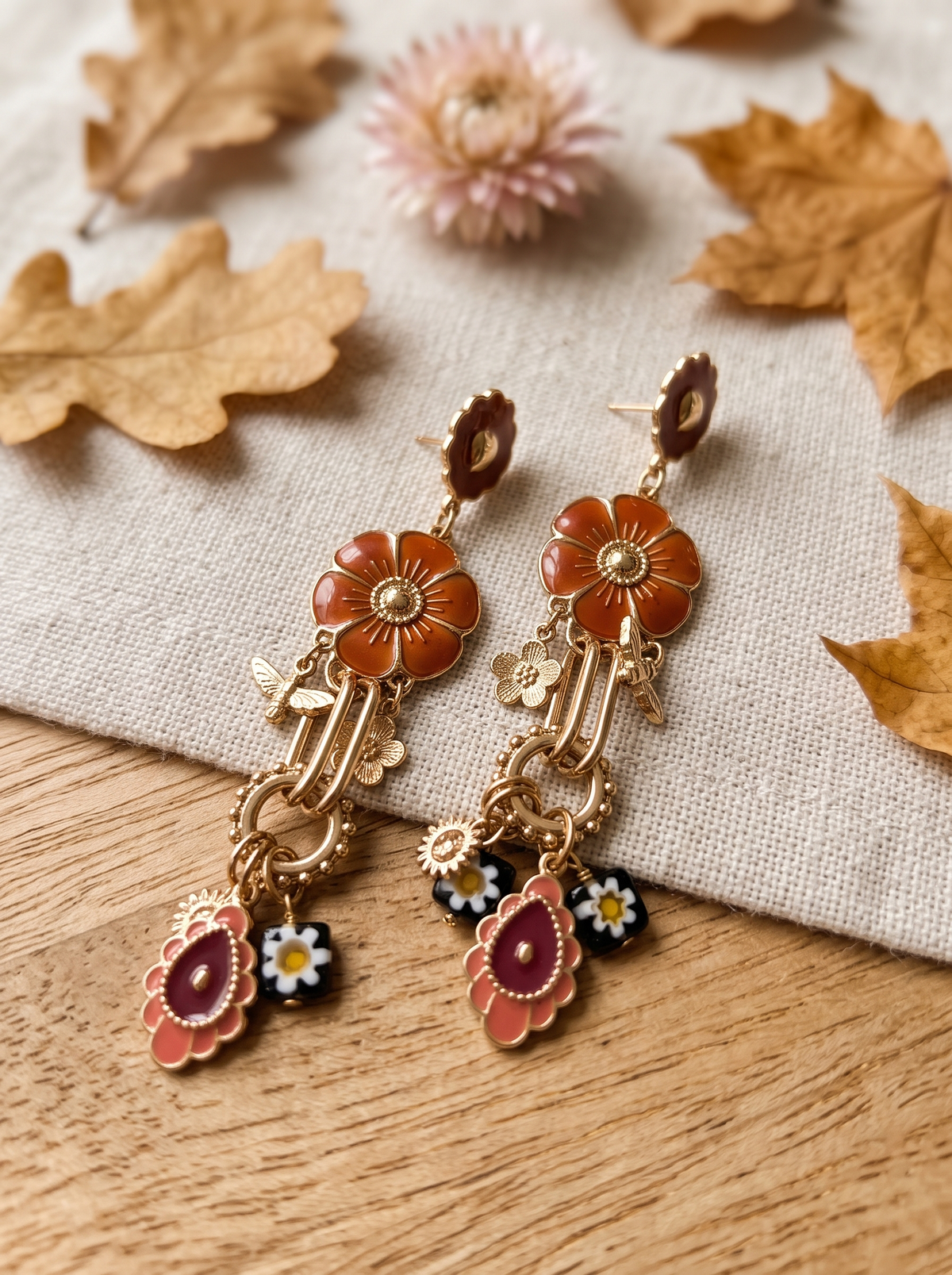 Boucles d'Oreilles Pendantes Fleurs - Terracotta Doré