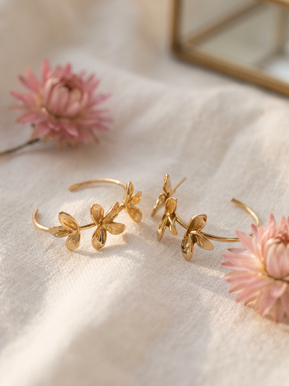 Boucle d'Oreille Créole Fleurs - Doré 3cm