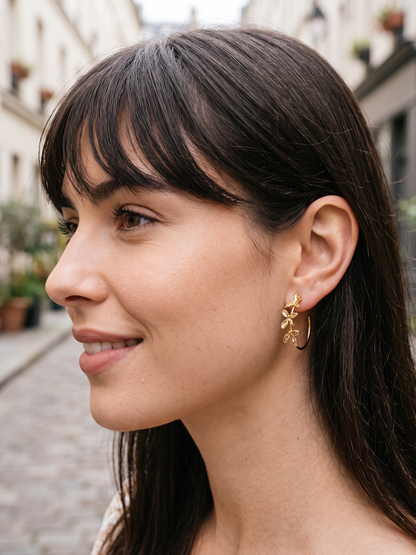 Boucle d'Oreille Créole Fleurs - Doré 3cm