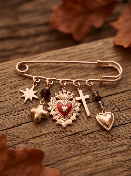 Broche Épingle Cœur Ex-Voto - Rouge Doré