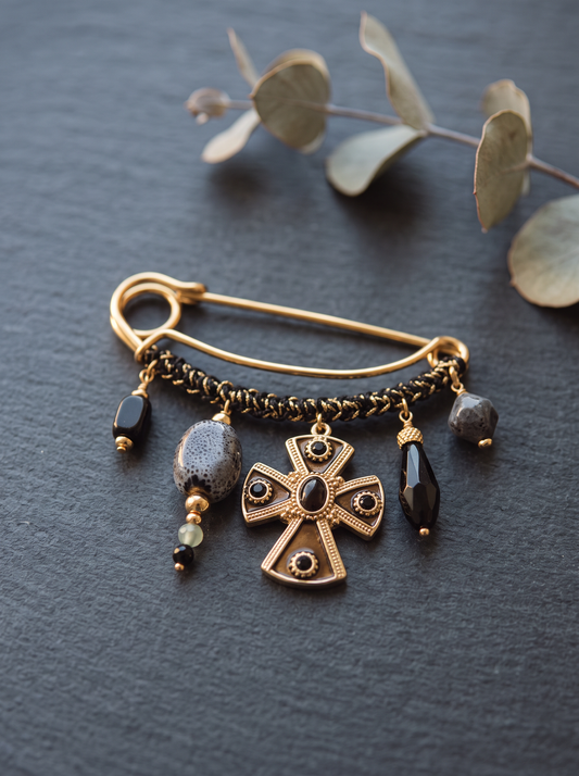 Broche Épingle Croix - Noir Doré