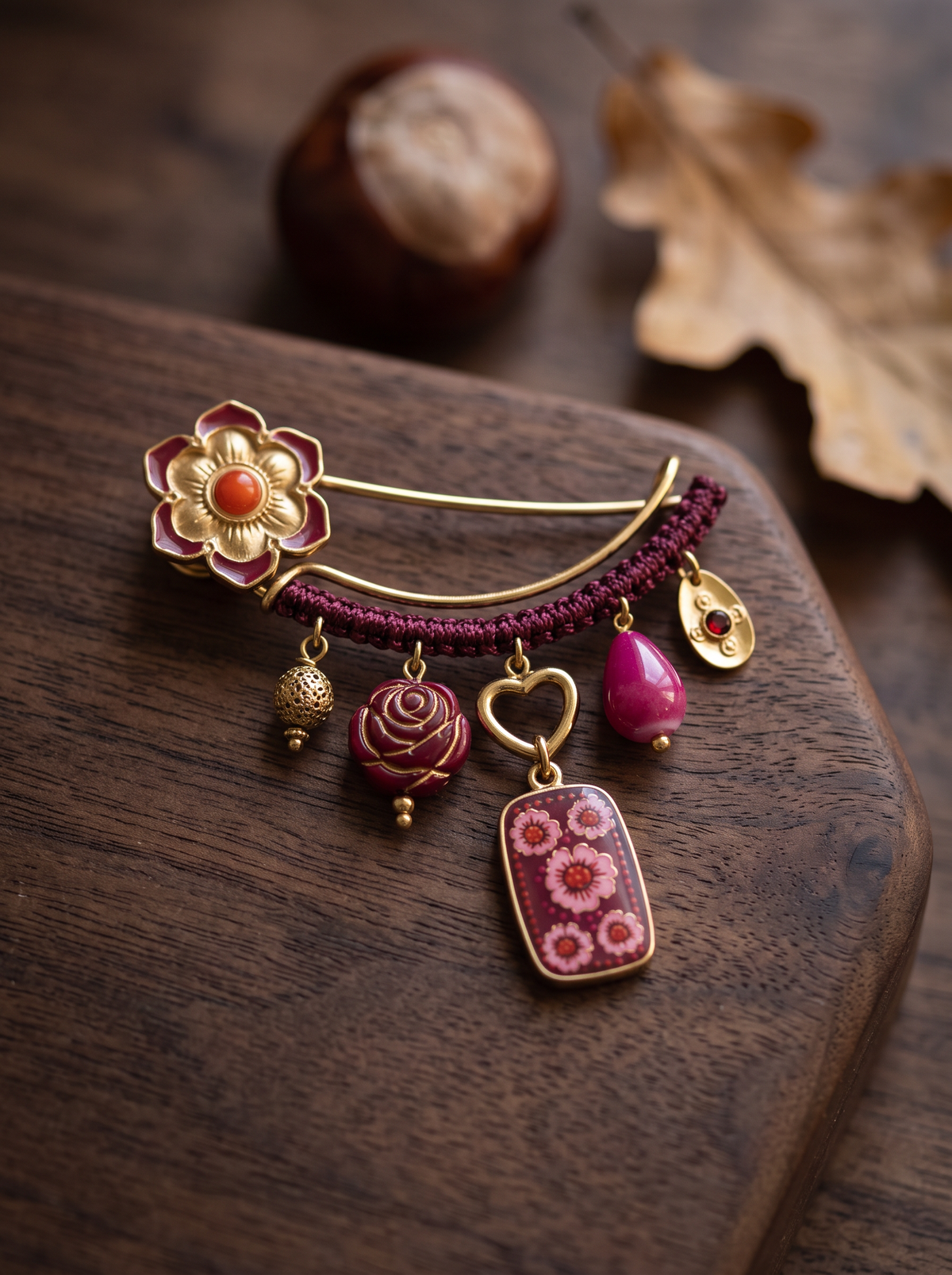 Broche Épingle Fleur - Bordeaux Doré