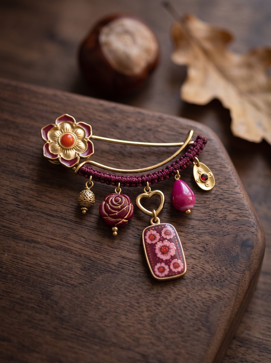 Broche Épingle Fleur - Bordeaux Doré
