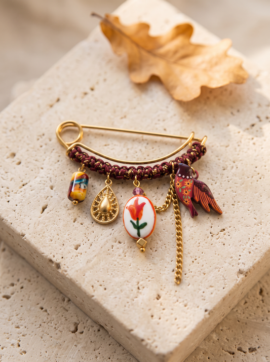 Broche Épingle Tulipe Céramique - Rouge Doré