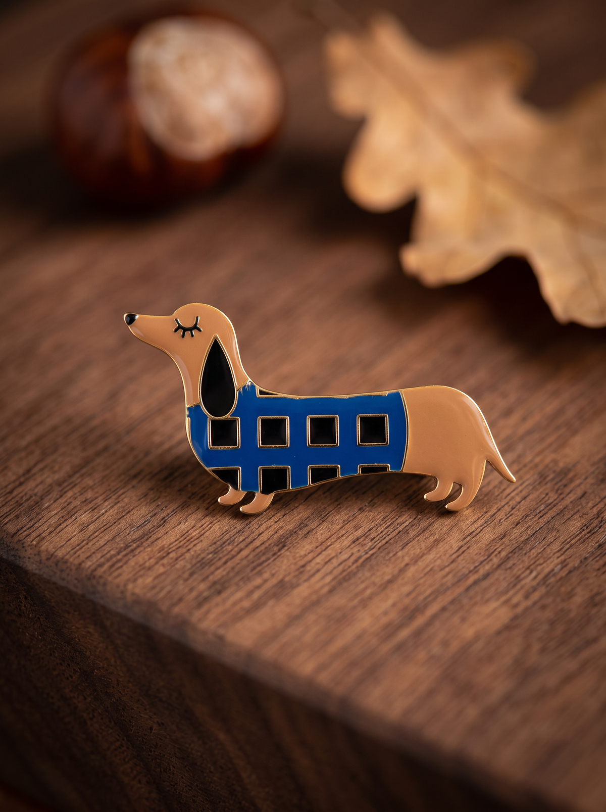 Broche Teckel Carreaux - Bleu Doré