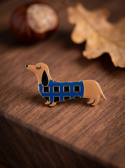 Broche Teckel Carreaux - Bleu Doré