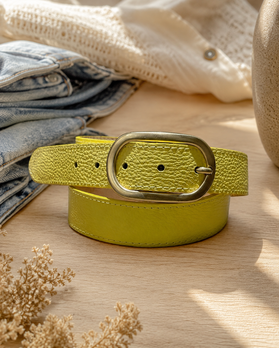 Ceinture Cuir Grainé Boucle Dorée