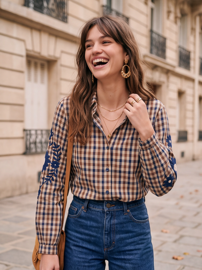 Chemise Adélaïde - Carreaux Manches Brodées