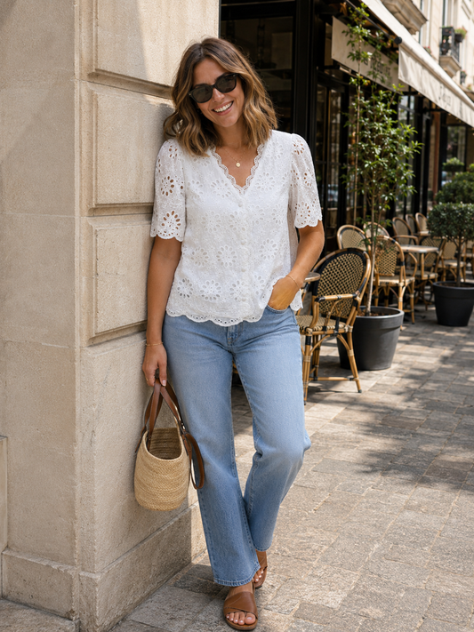 Chemise Blanche Broderie Manches Courtes