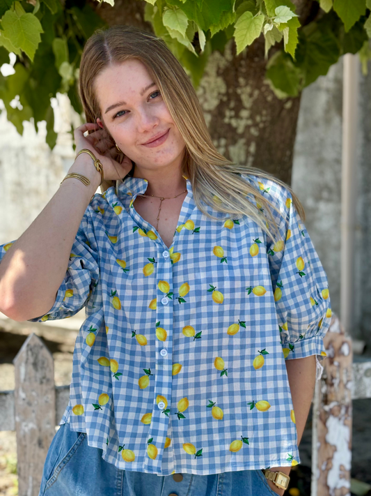 Blouse vichy bleu à citrons