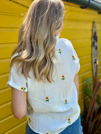 Chemise Blanche Gaze de Coton Brodée Tournesols
