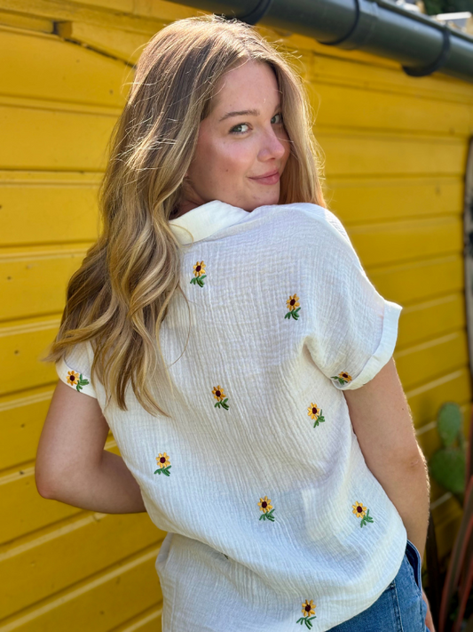 Chemise Blanche Gaze de Coton Brodée Tournesols