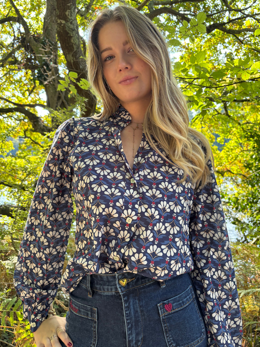 Chemise coton bleue imprimée bohème chic