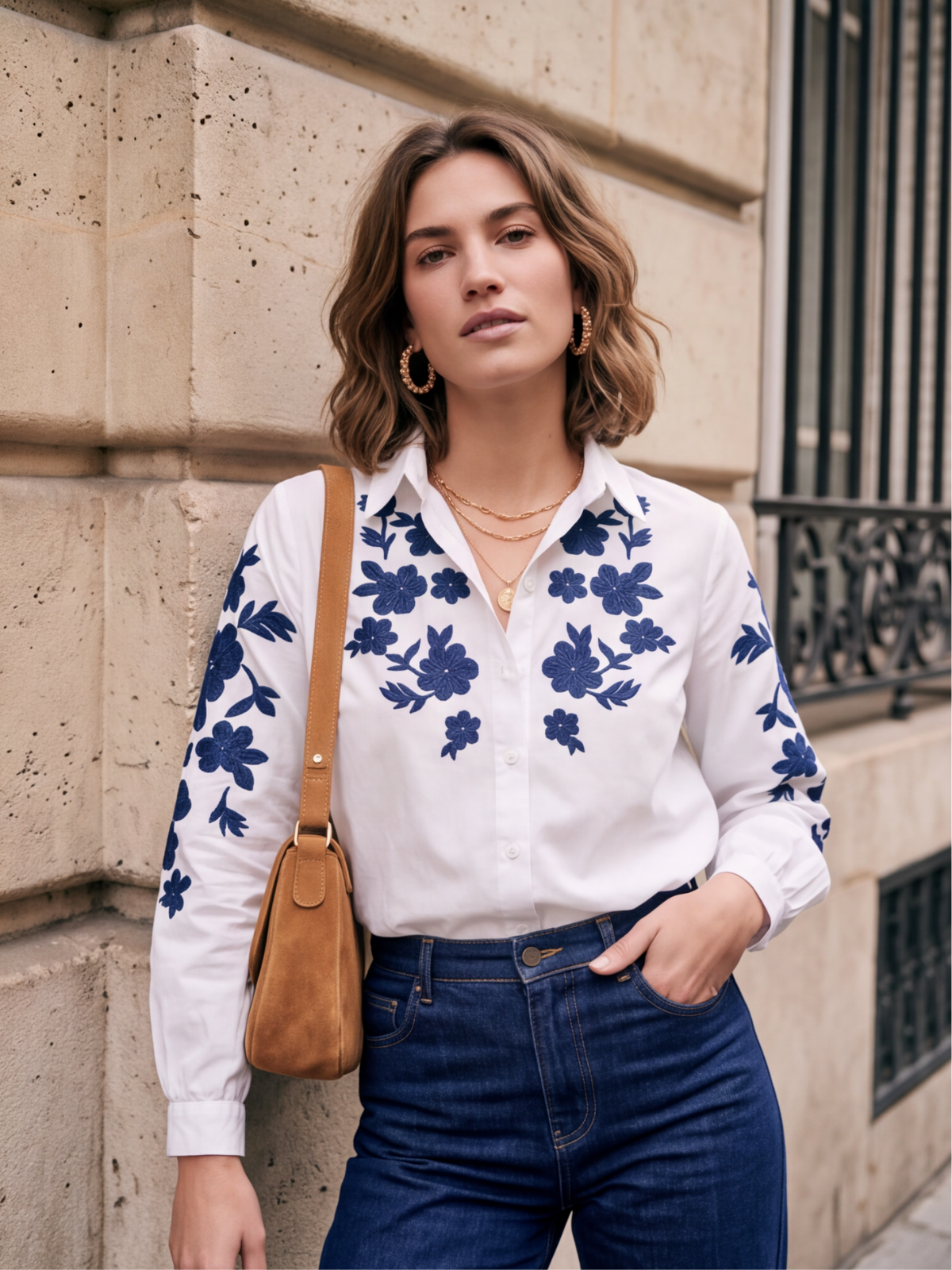 Chemise blanche brodée fleurs marine Eugénie - Hippie Chic, photo 3