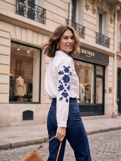 Chemise blanche brodée fleurs marine Eugénie - Hippie Chic, photo 1