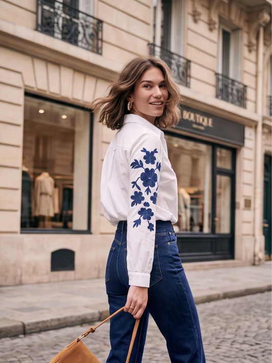 Chemise blanche brodée fleurs marine Eugénie - Hippie Chic, photo 1