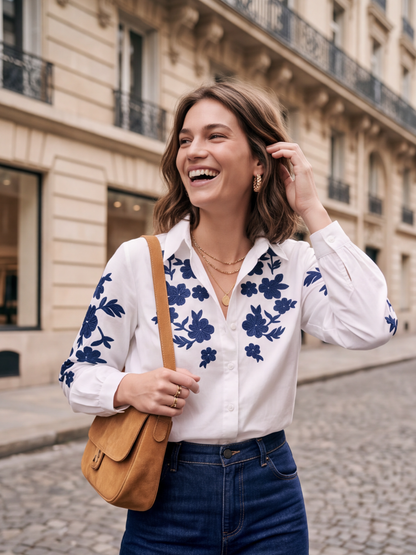 Chemise blanche brodée fleurs marine Eugénie - Hippie Chic, photo 4