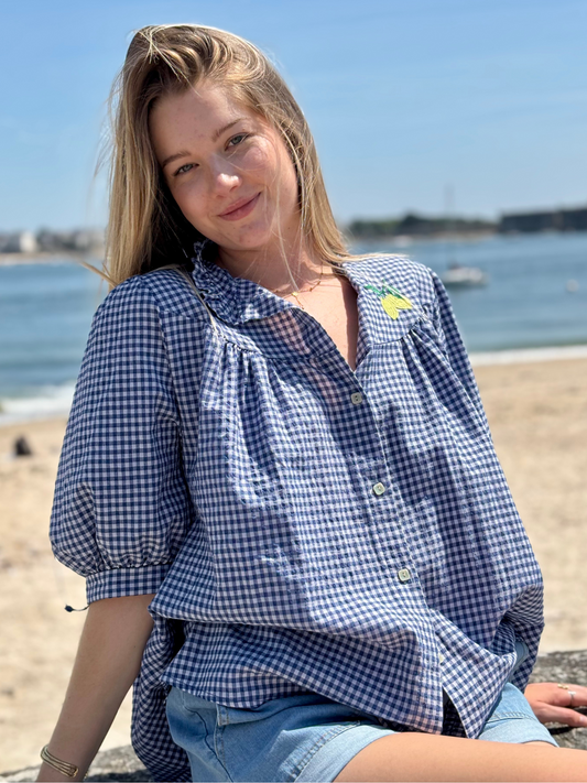 Blouse vichy rouge ou bleu brodée citron