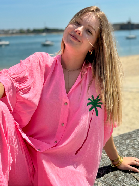 Chemise fluide brodée palmier rose fluo