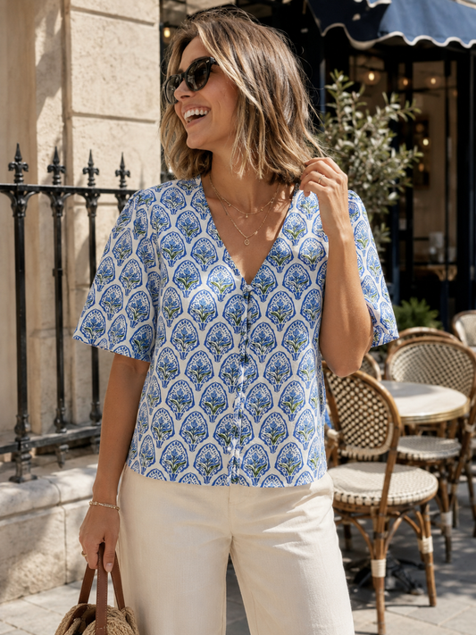 Chemise Manches Courtes Bleue Coton