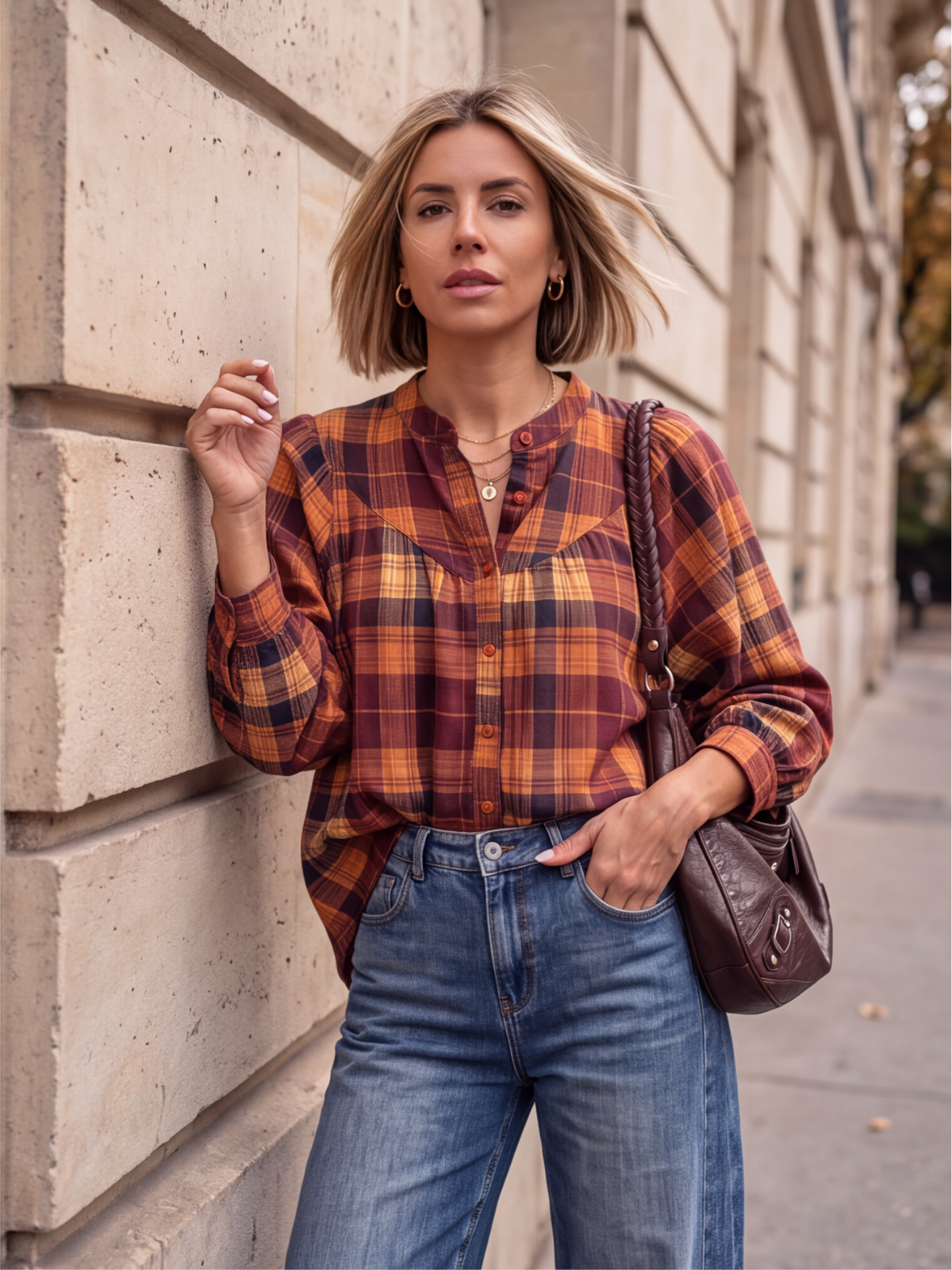 Chemise Marina - Carreaux Orangés Col Mao
