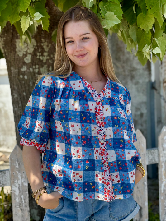 Chemise imprimé patchwork fleuri bleu