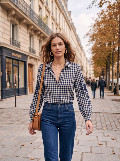 Chemise Pauline - Vichy Marine Manches Brodées