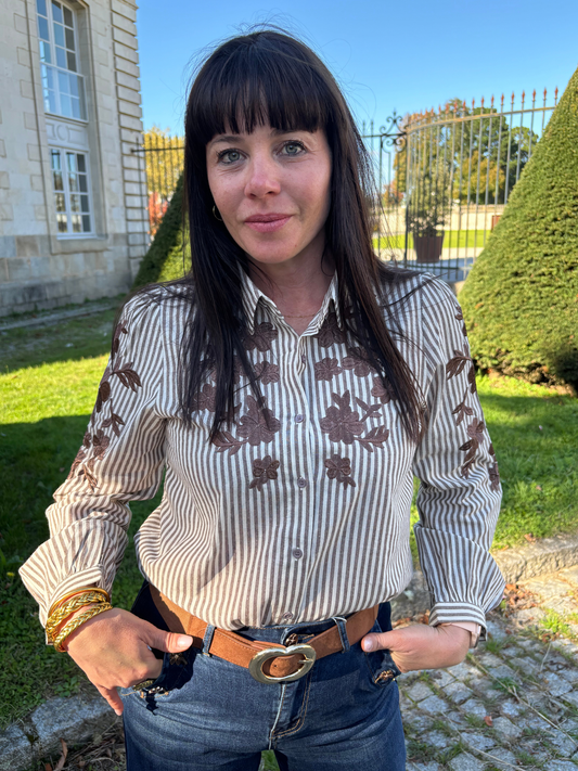 Chemise Rayée Fleurs Marron