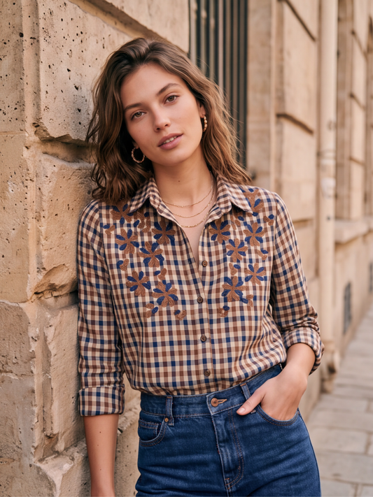 Chemise Solange - Carreaux Brodée Fleurs