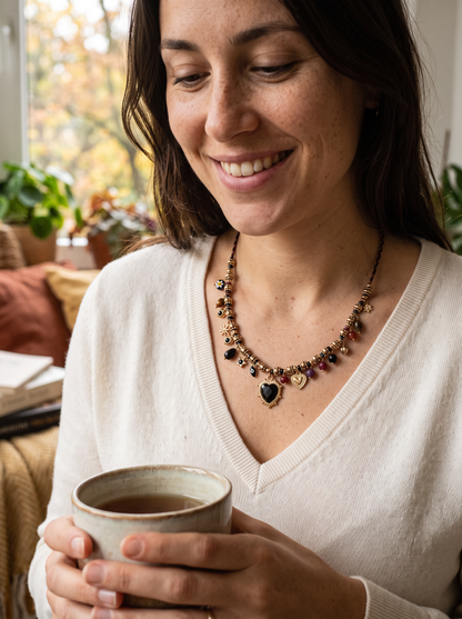 Collier Breloques Cœur - Noir Doré