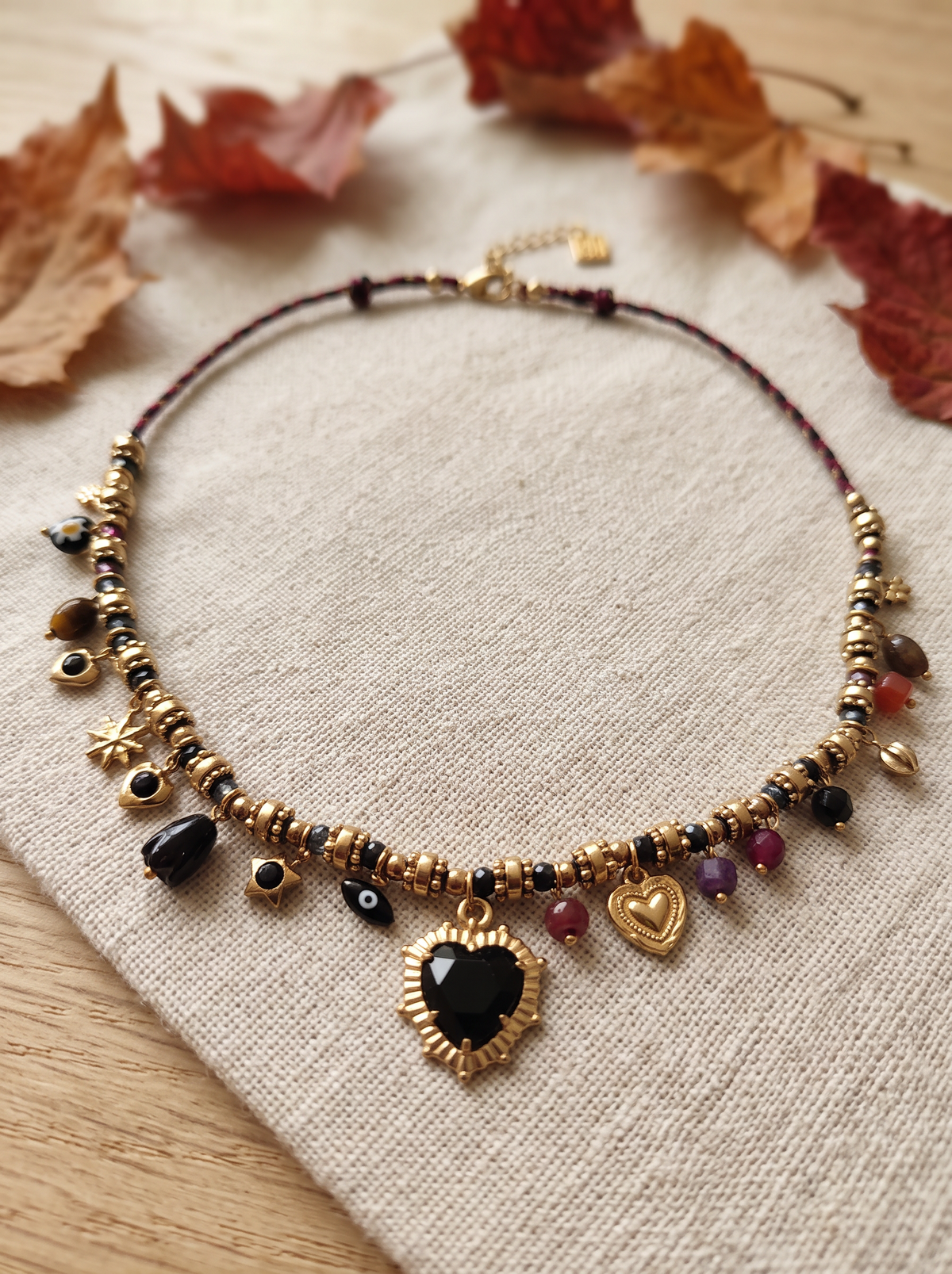 Collier Breloques Cœur - Noir Doré
