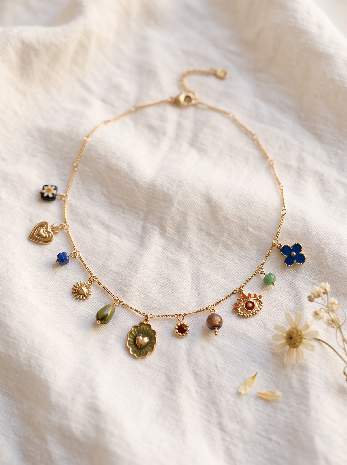Collier Multi-Pampilles Cœur - Kaki Doré