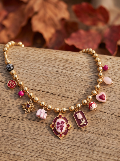 Collier Pampilles Fleur Émail - Bordeaux Doré