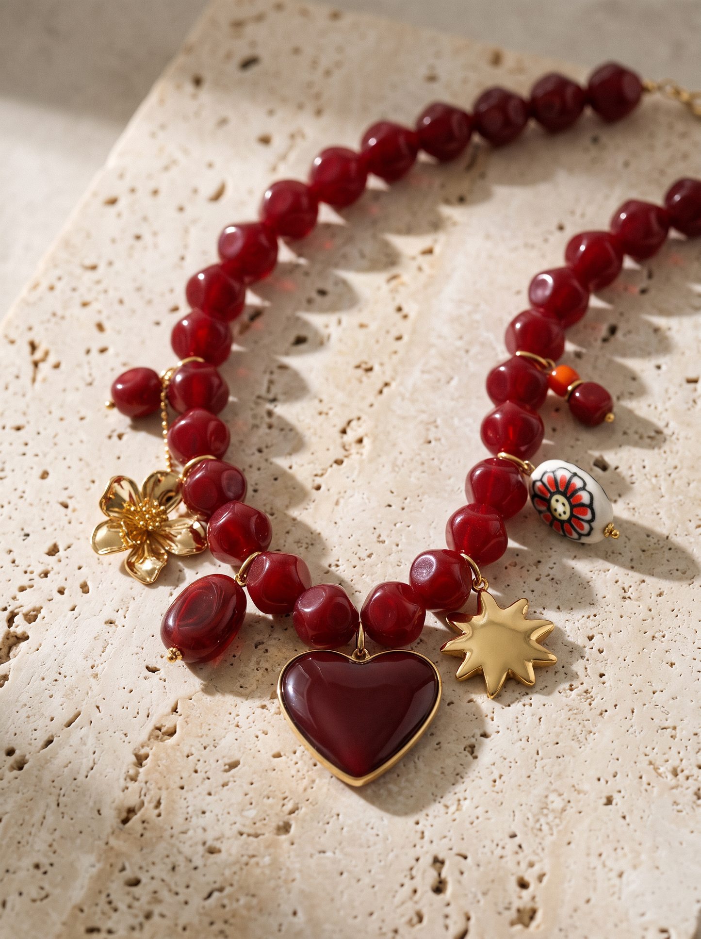 Collier Perles Marbrées Rouge