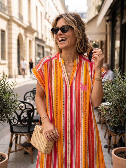 Robe Amélie - Fleurs et Rayures Orange