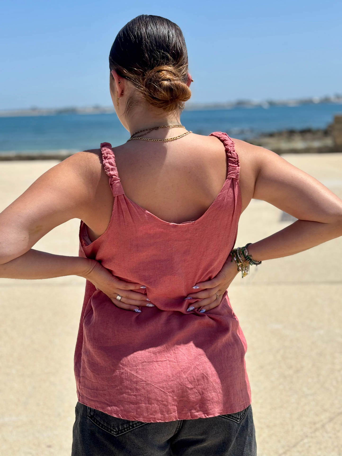 Top fluide en viscose et lin terracotta