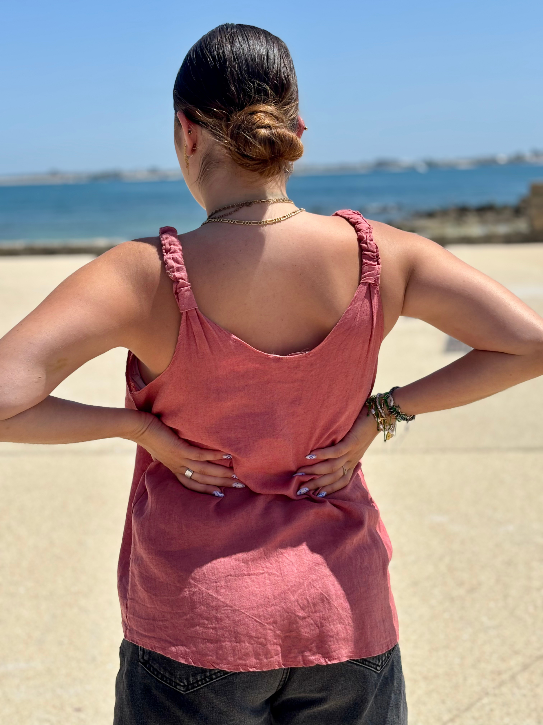 Top fluide en viscose et lin terracotta