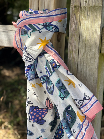 Foulard carré coton imprimé poissons bleu