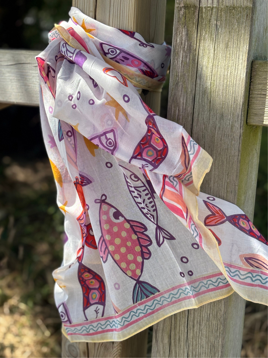 Foulard carré coton imprimé poissons