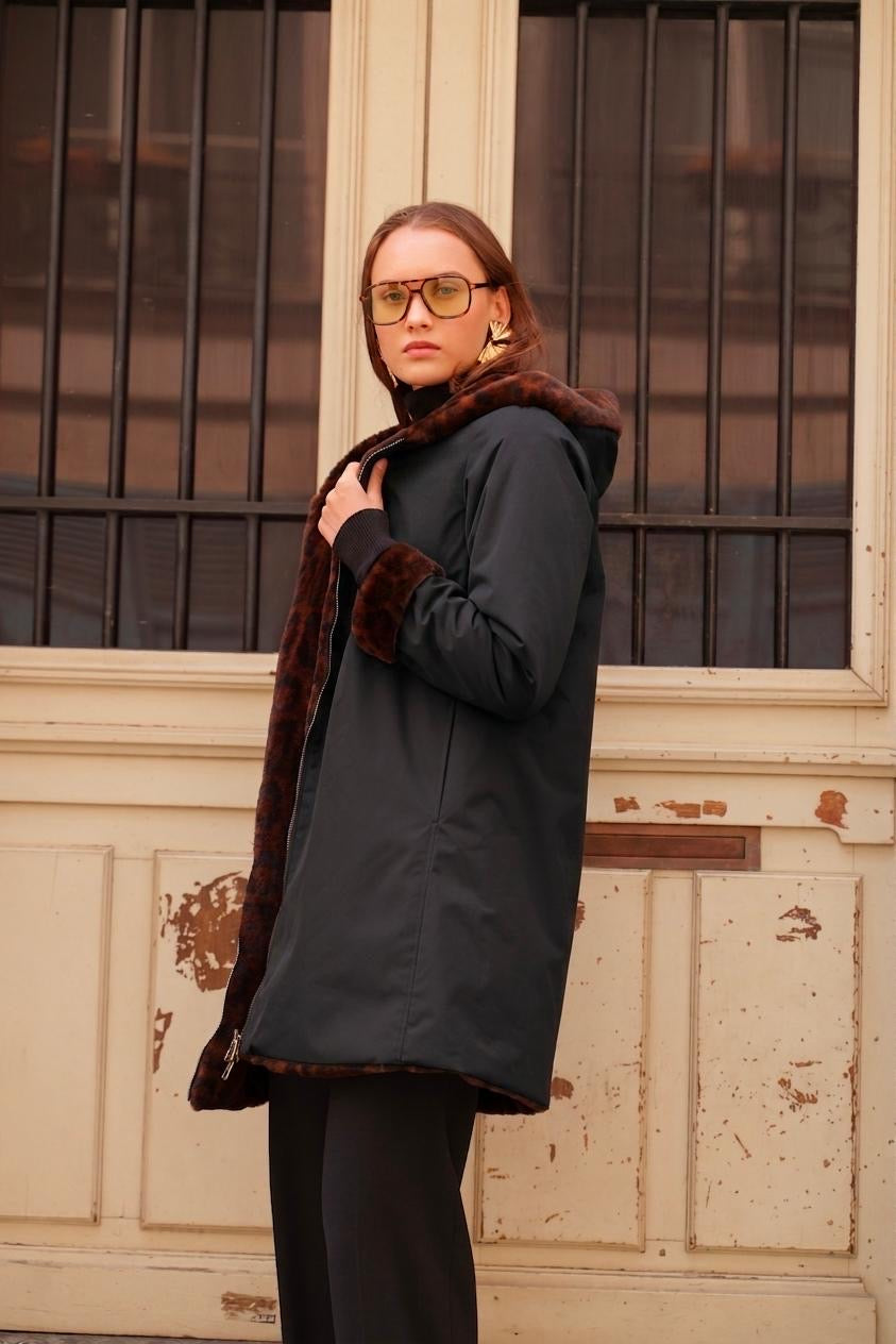 Parka 3/4 Imperméable Réversible Léopard - Laura Jo