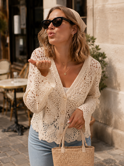 Gilet Crochet Fleuri Beige